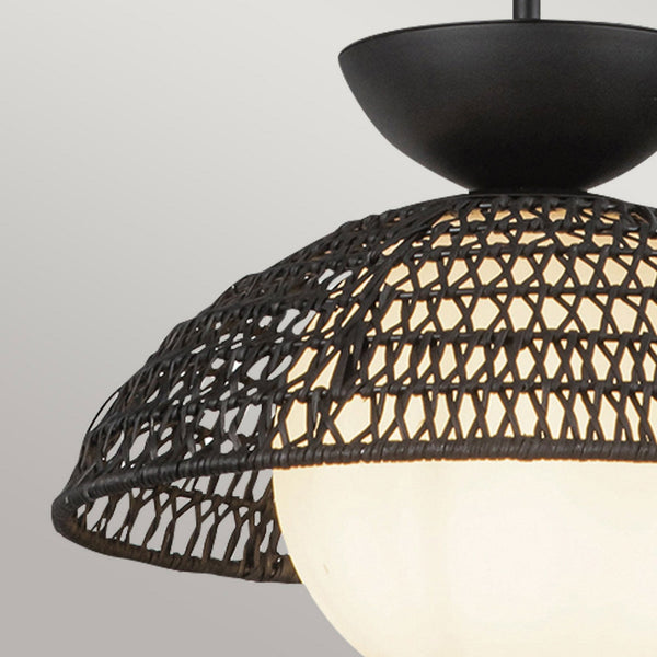 Perth Single Drop Pendant in Matte Black with Opal Glass Diffuser and Rattan Detailing