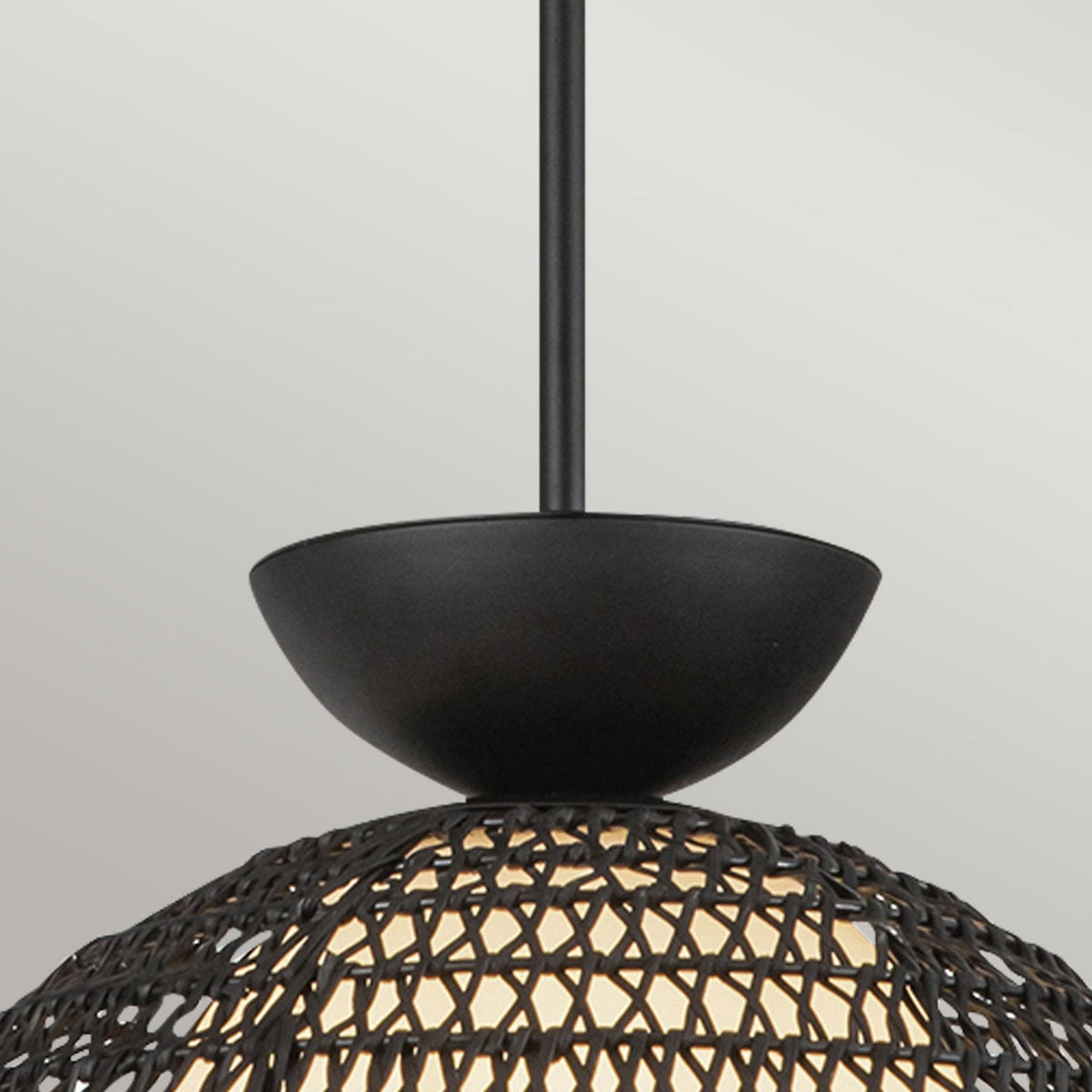 Perth Single Drop Pendant in Matte Black with Opal Glass Diffuser and Rattan Detailing