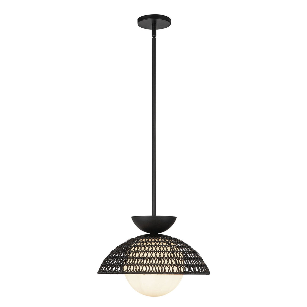 Perth Single Drop Pendant in Matte Black with Opal Glass Diffuser and Rattan Detailing