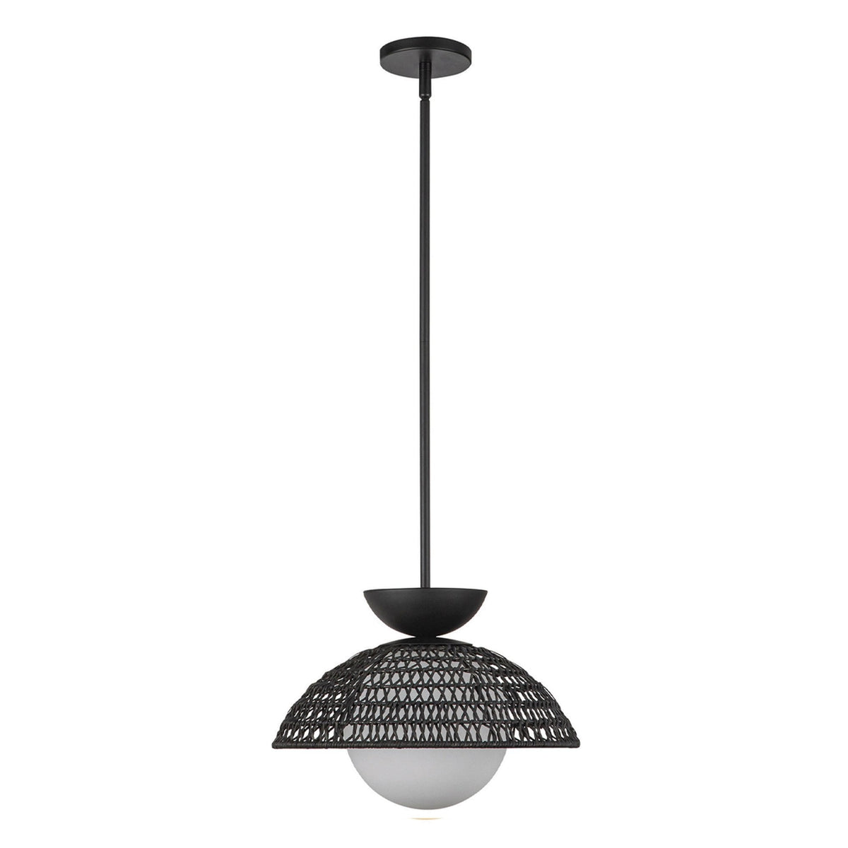 Perth Single Drop Pendant in Matte Black with Opal Glass Diffuser and Rattan Detailing