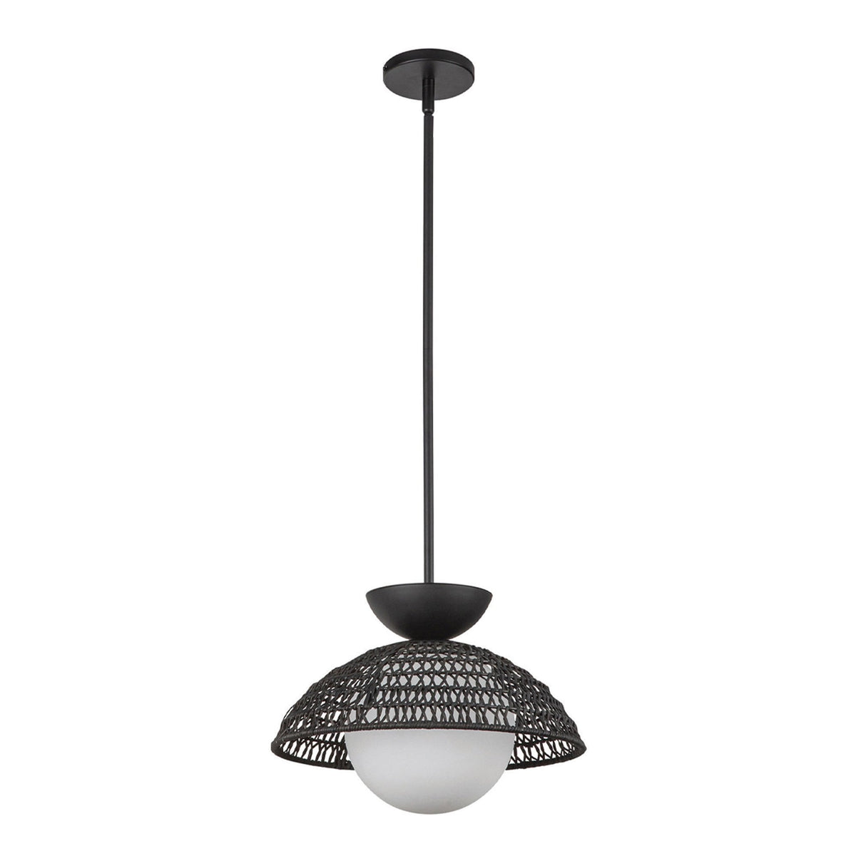 Perth Single Drop Pendant in Matte Black with Opal Glass Diffuser and Rattan Detailing