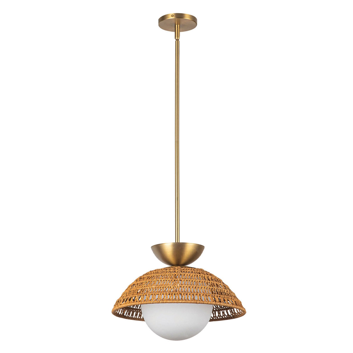 Perth Single Drop Pendant in Brushed Gold with Opal Glass Diffuser and Rattan Detailing