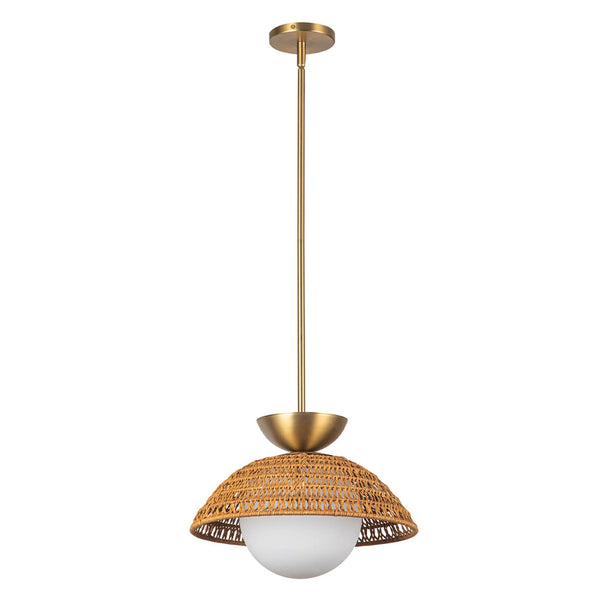Perth Single Drop Pendant in Brushed Gold with Opal Glass Diffuser and Rattan Detailing