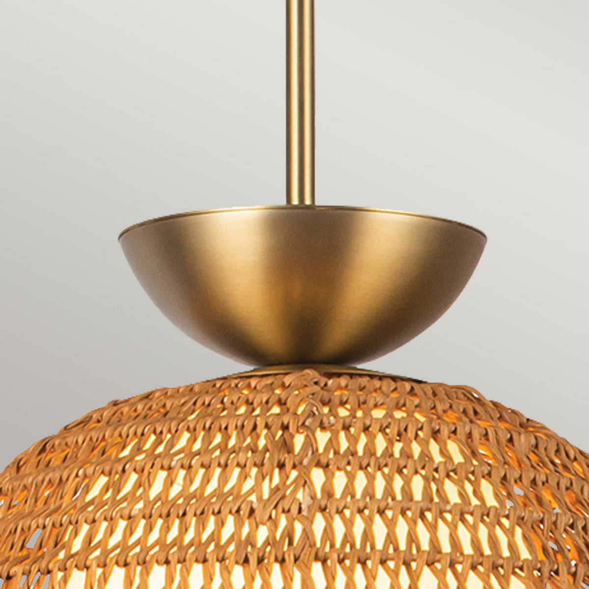 Perth Single Drop Pendant in Brushed Gold with Opal Glass Diffuser and Rattan Detailing