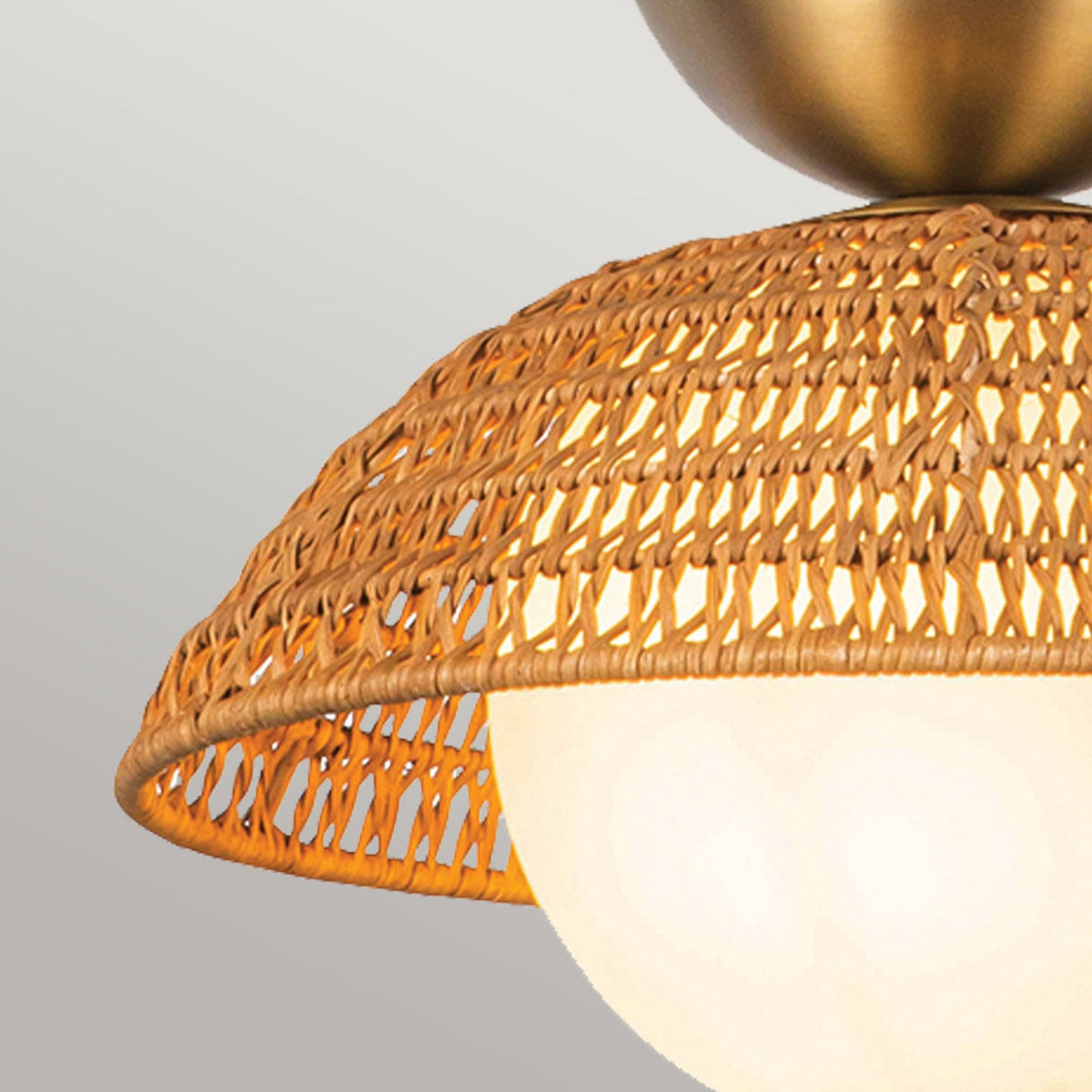 Perth Single Drop Pendant in Brushed Gold with Opal Glass Diffuser and Rattan Detailing