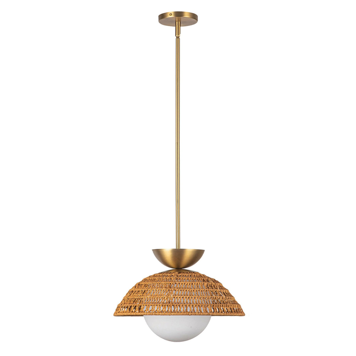 Perth Single Drop Pendant in Brushed Gold with Opal Glass Diffuser and Rattan Detailing