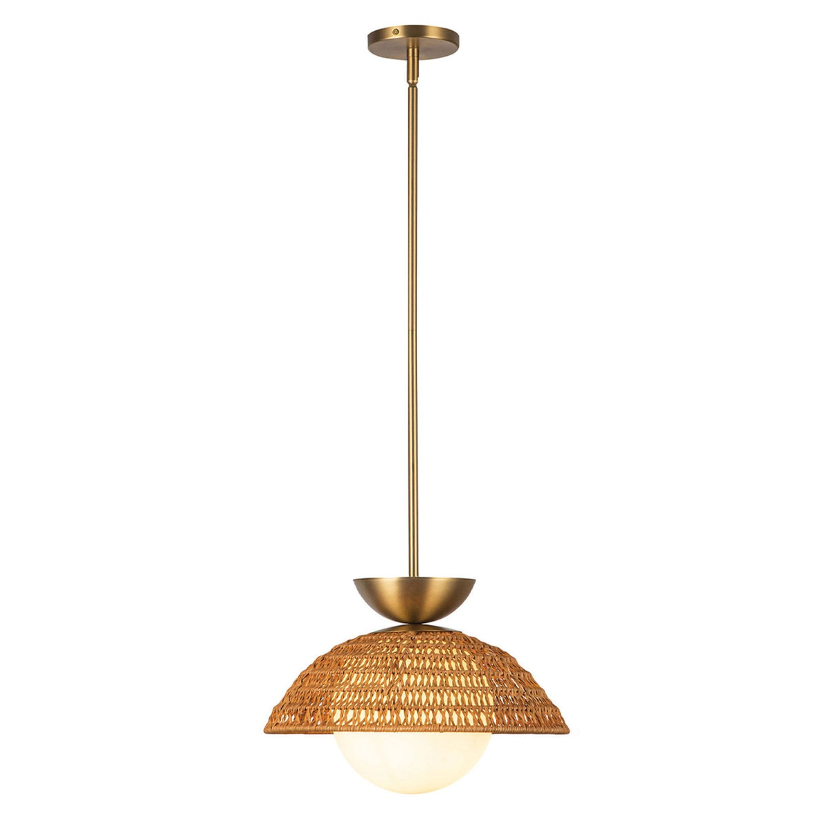 Perth Single Drop Pendant in Brushed Gold with Opal Glass Diffuser and Rattan Detailing