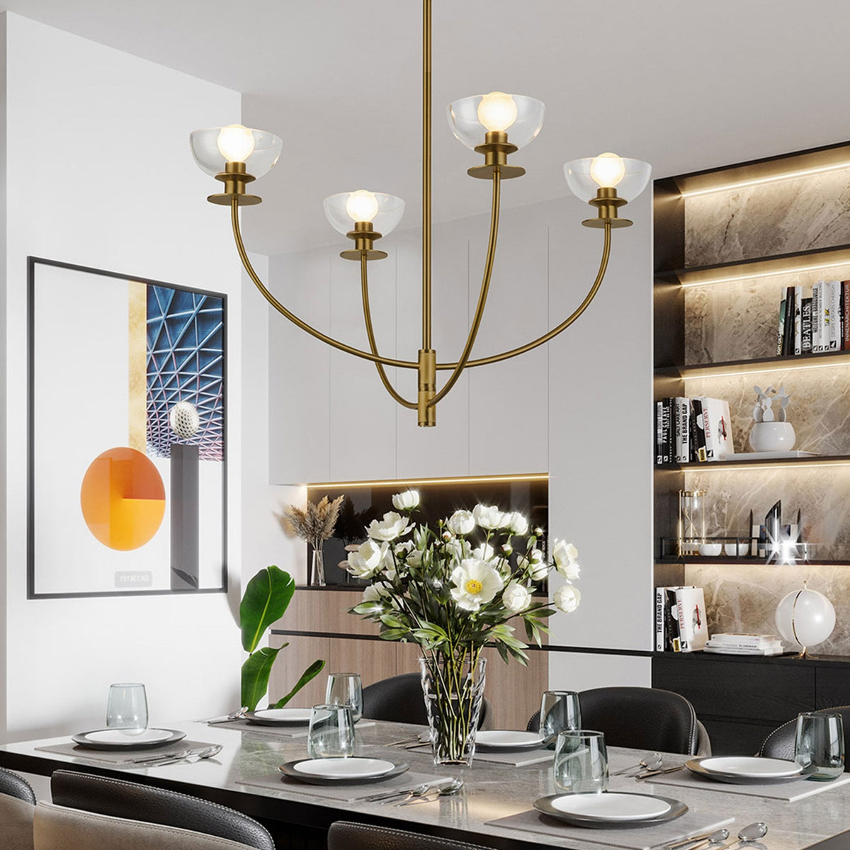 Sylvia Four Light Chandelier in Brushed Gold and Clear Glass