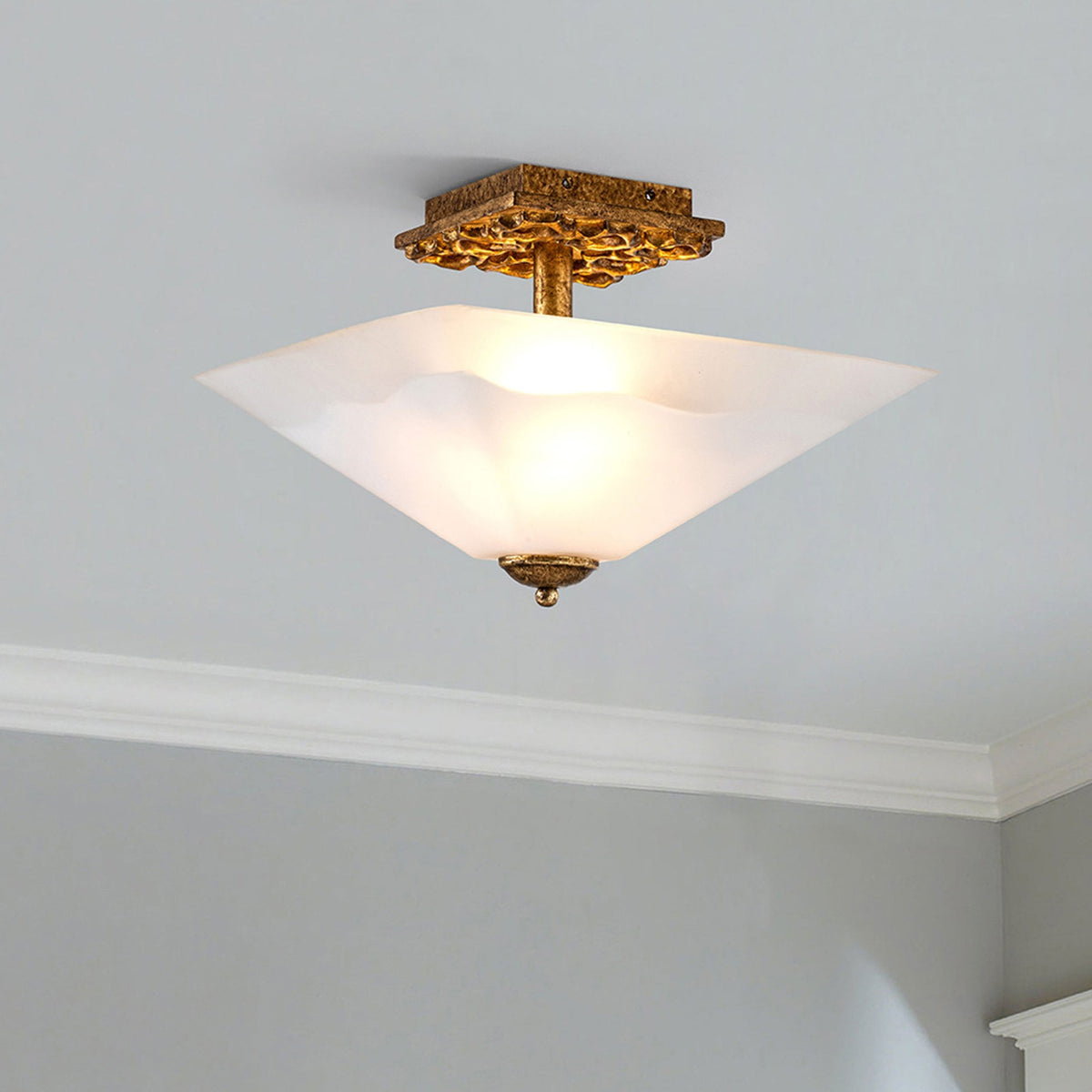 Star Semi Flush Ceiling Light in Distressed Gold with Opal Glass Diffuser