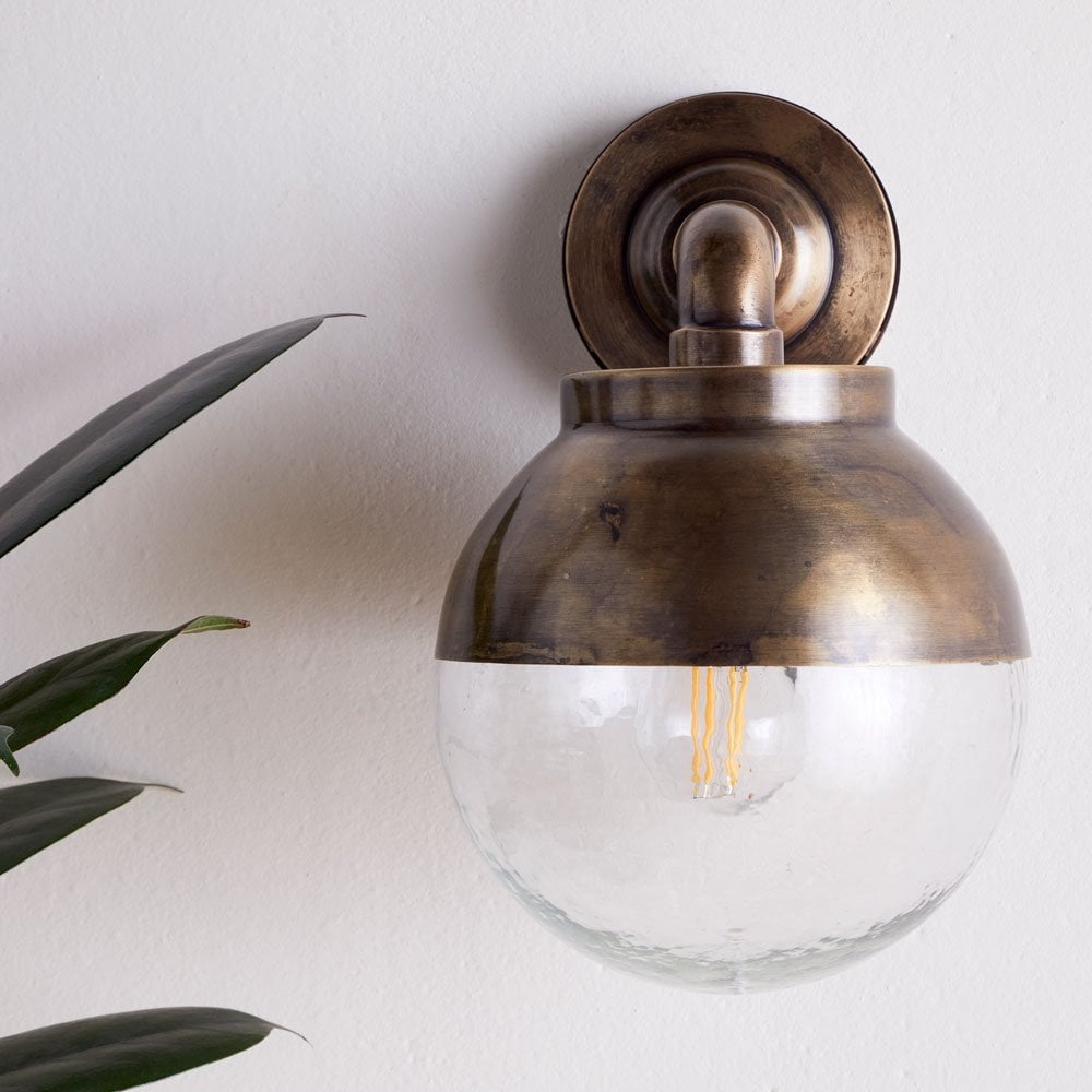 Abeo Outdoor IP44 Wall Light In Antique Brass With Clear Glass Shade