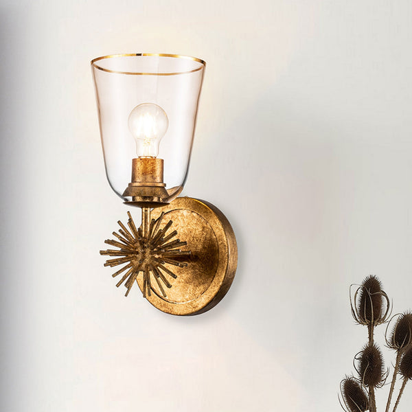 Staring Single Wall Light in Distressed Gold with Clear Glass Diffuser