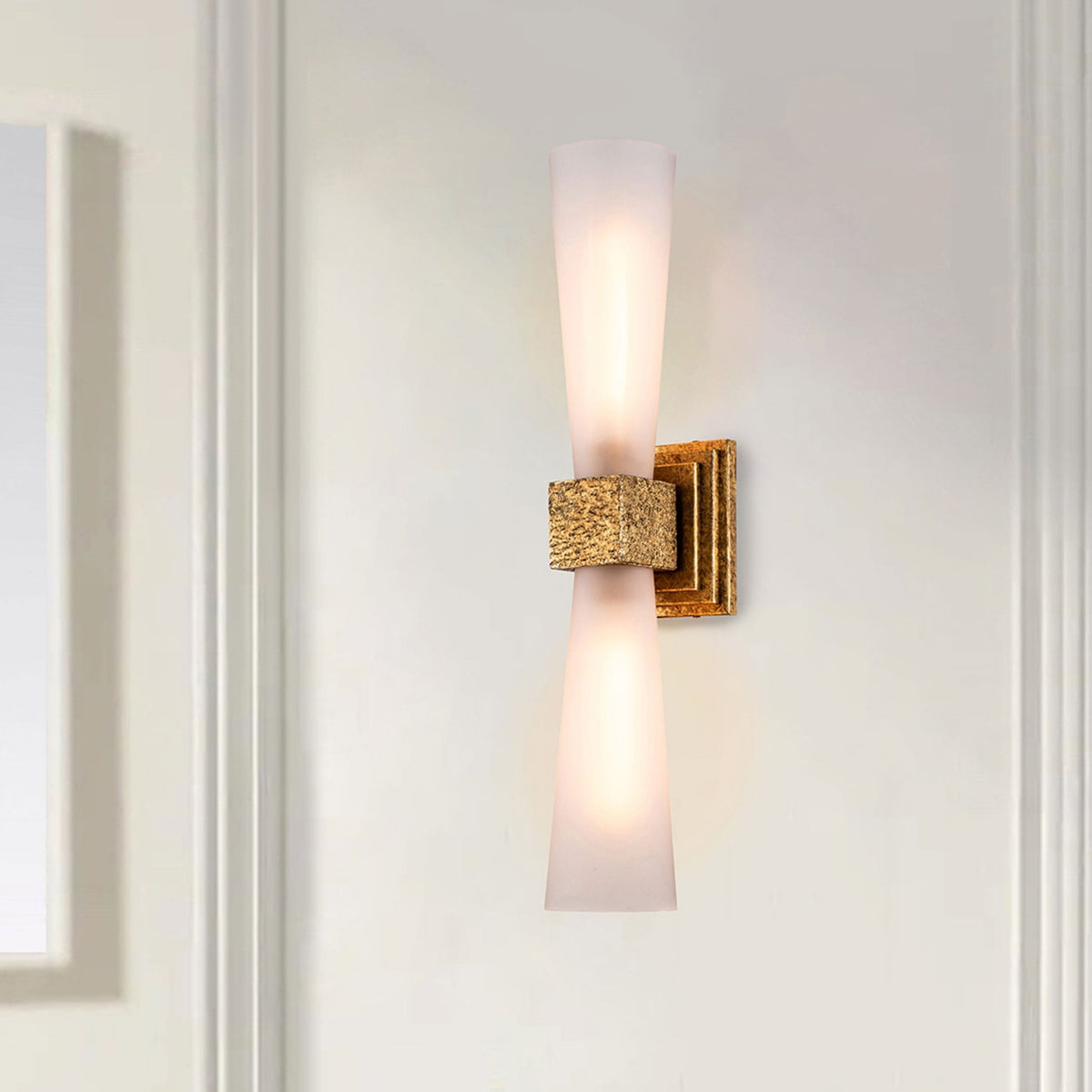 Kristy Up and Down IP44 Wall Light in Distressed Gold with Opal Glass Diffusers