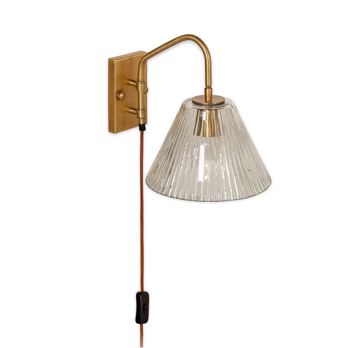 Akoli Plugged Wall Light in Antique Brass With Fluted Glass Shade