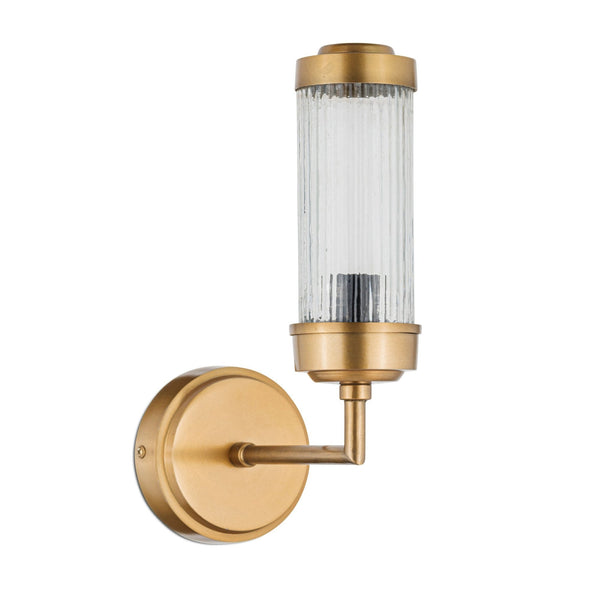 Akurdi IP44 Single Wall Light in Antique Brass With Ribbed Glass Shade