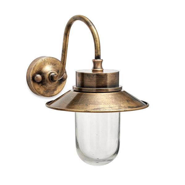 Alwar Outdoor IP44 Wall Light in Antique Brass With Clear Glass Shade