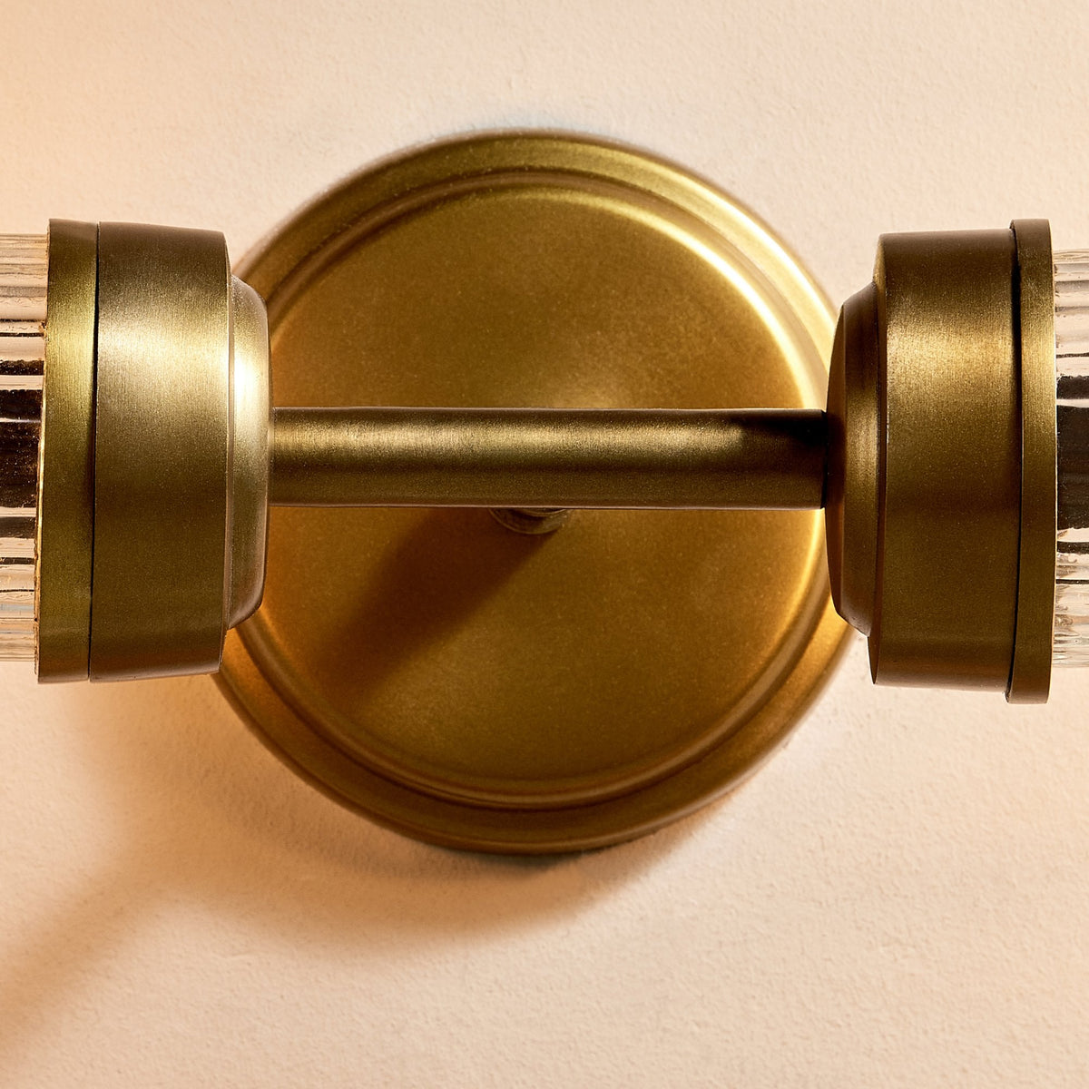 Akurdi IP44 Double Wall Light in Antique Brass With Ribbed Glass Shades