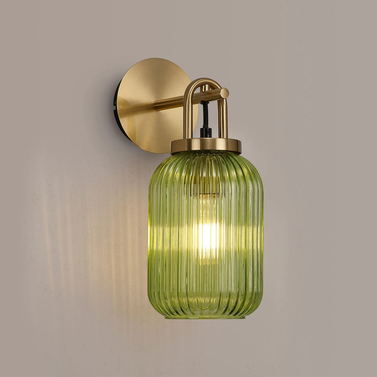 Atherington Wall Light in Brass Gold with Green Ribbed Glass Shade