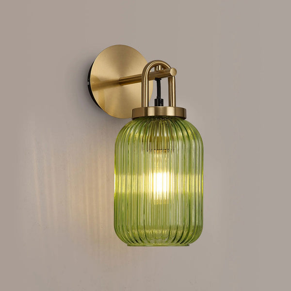 Atherington Wall Light in Brass Gold with Green Ribbed Glass Shade