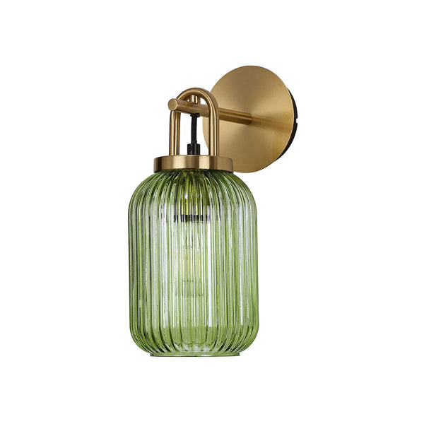 Atherington Wall Light in Brass Gold with Green Ribbed Glass Shade
