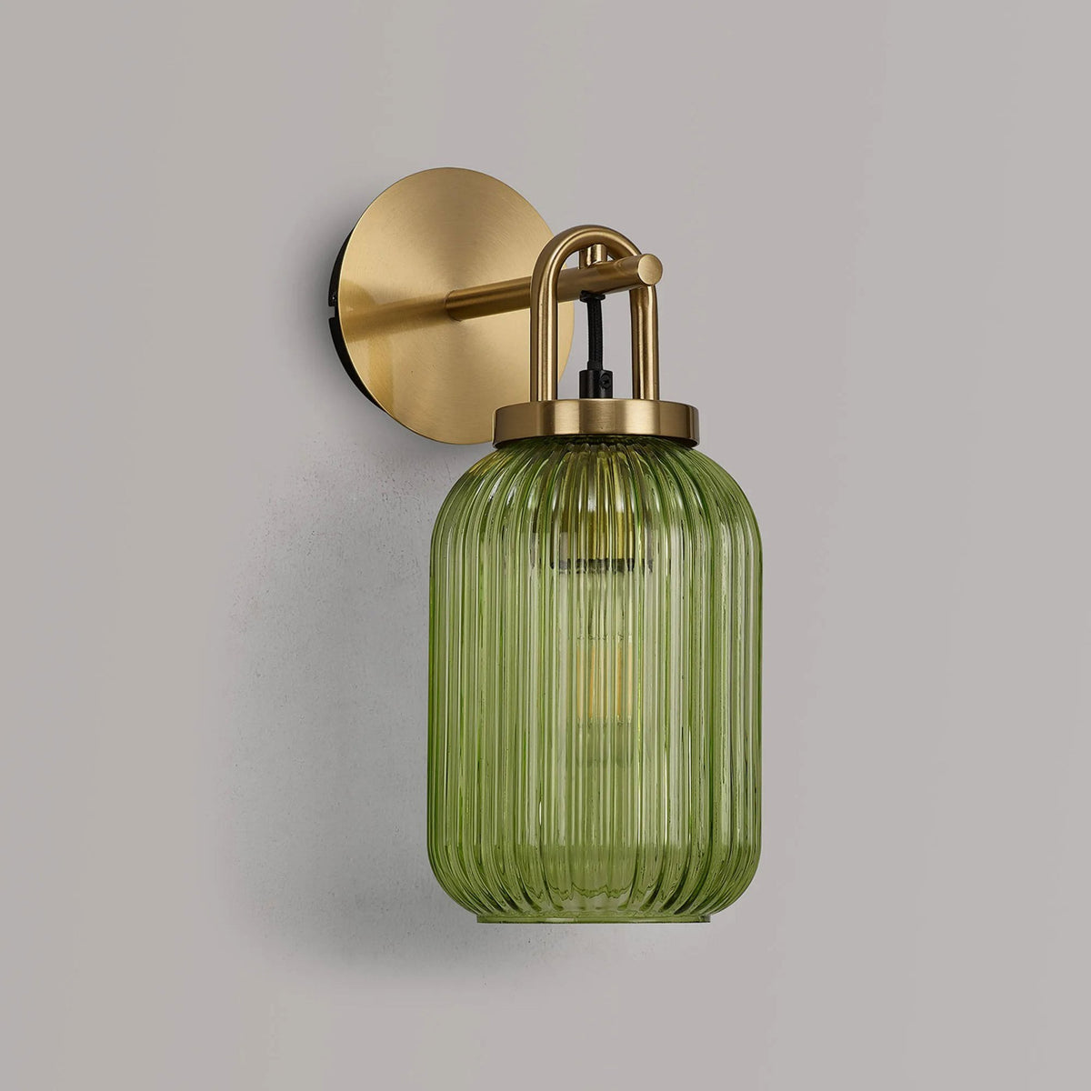 Atherington Wall Light in Brass Gold with Green Ribbed Glass Shade