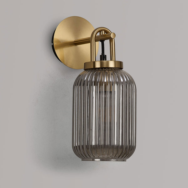 Atherington Wall Light in Brass Gold with Smoked Ribbed Glass Shade