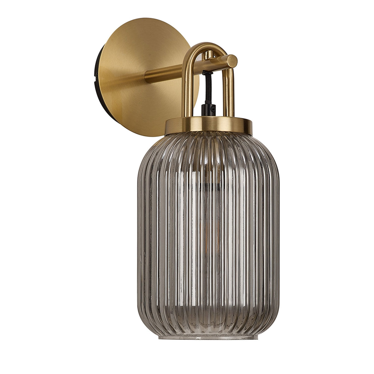 Atherington Wall Light in Brass Gold with Smoked Ribbed Glass Shade