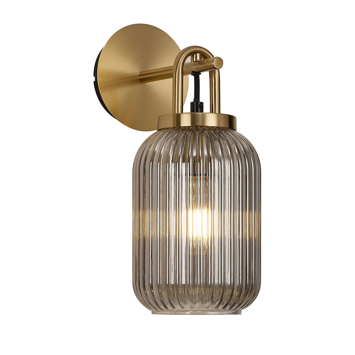 Atherington Wall Light in Brass Gold with Smoked Ribbed Glass Shade