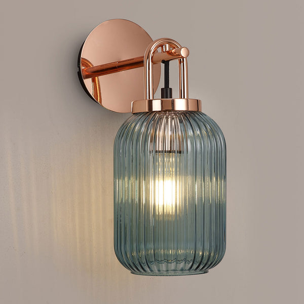 Atherington Wall Light in Copper with Petrol Blue Ribbed Glass Shade