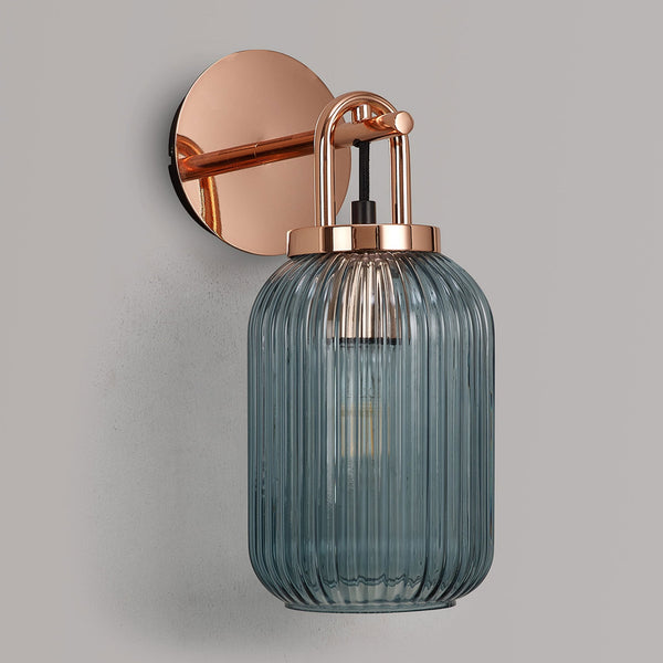 Atherington Wall Light in Copper with Petrol Blue Ribbed Glass Shade