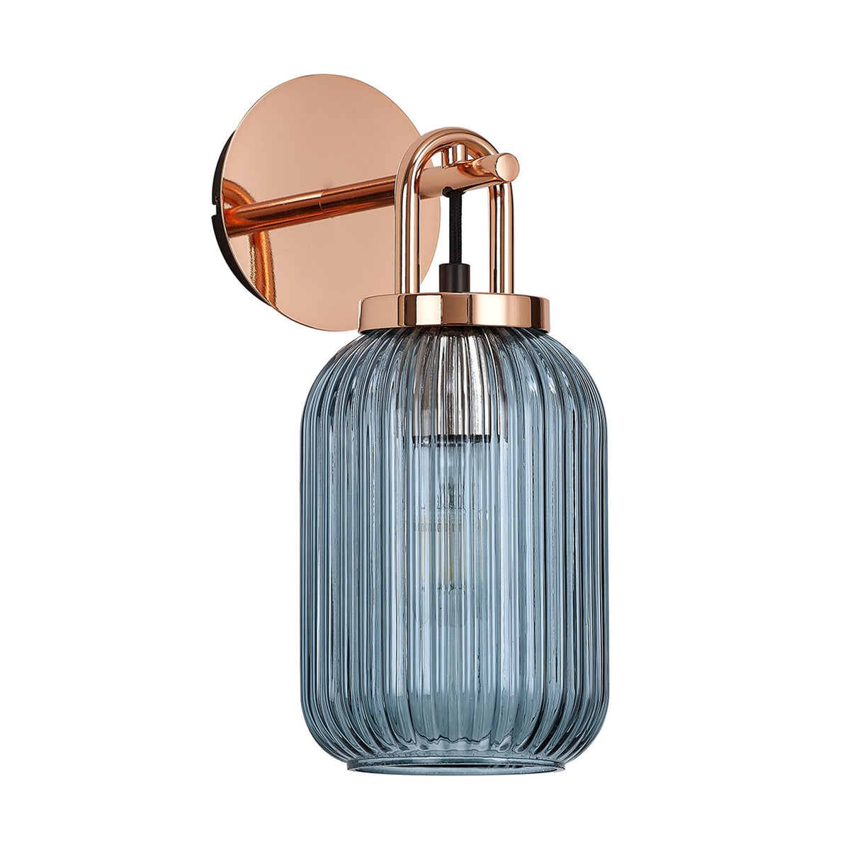 Atherington Wall Light in Copper with Petrol Blue Ribbed Glass Shade