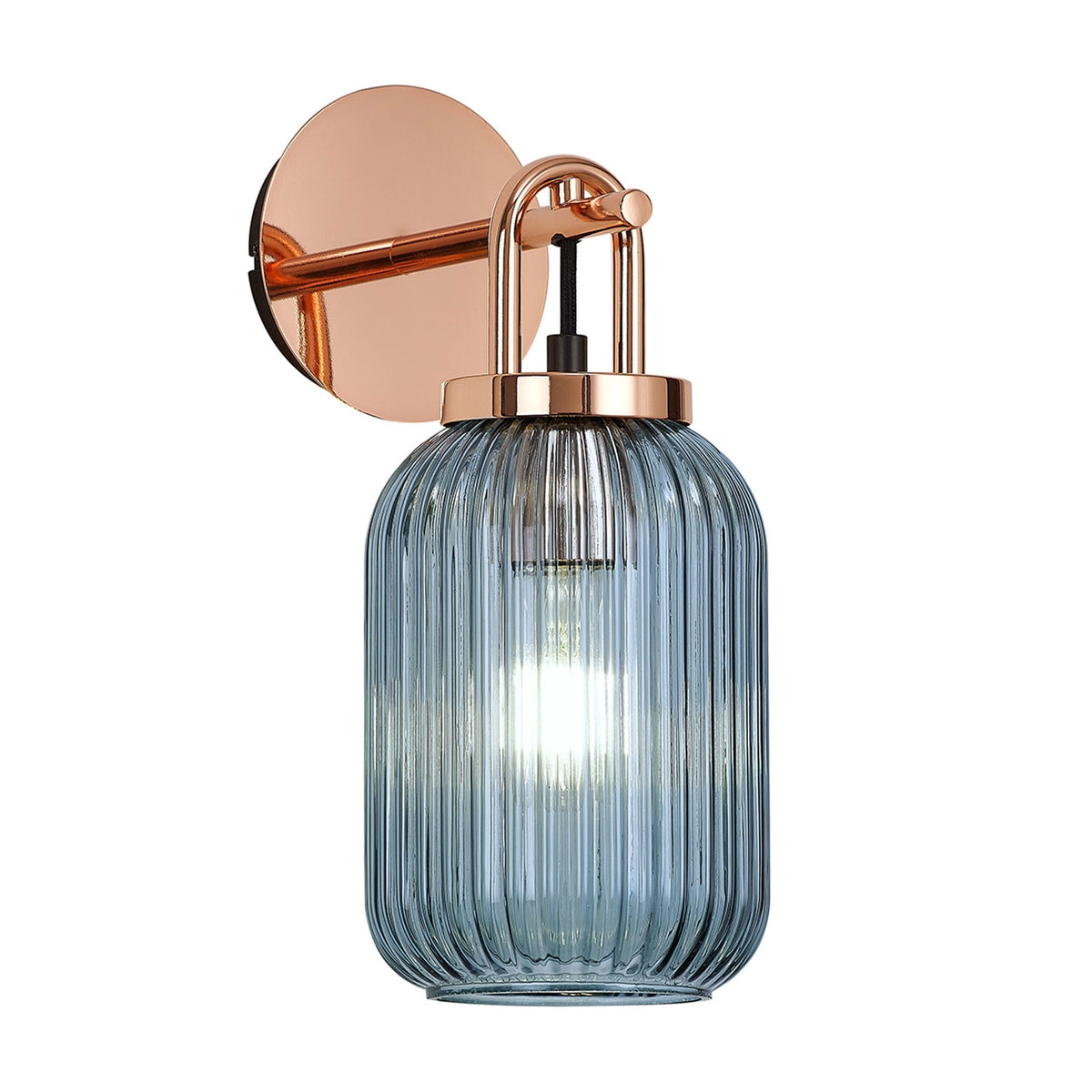 Atherington Wall Light in Copper with Petrol Blue Ribbed Glass Shade