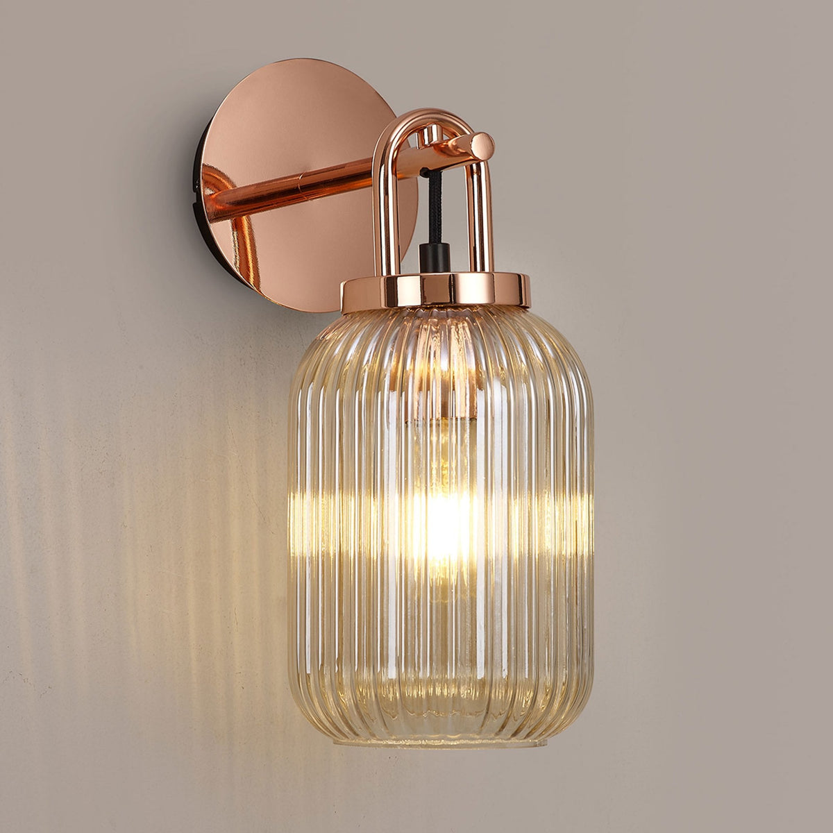 Atherington Wall Light in Copper with Champagne Ribbed Glass Shade
