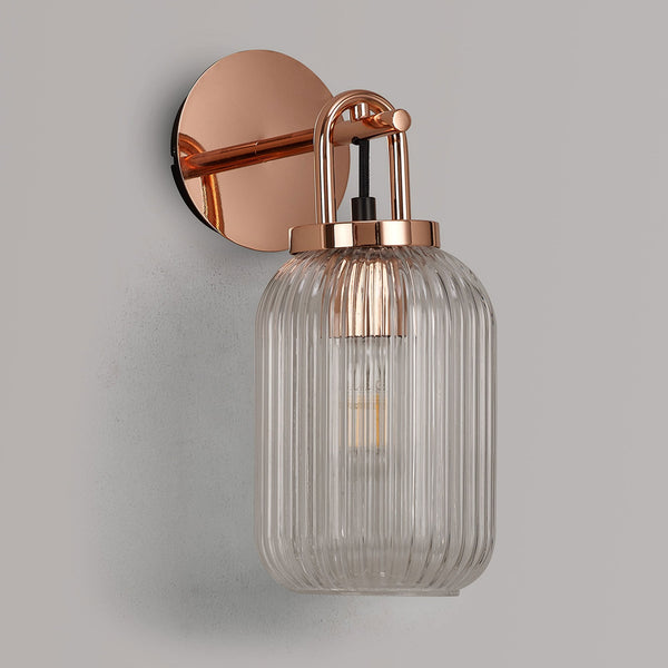 Atherington Wall Light in Copper with Clear Ribbed Glass Shade