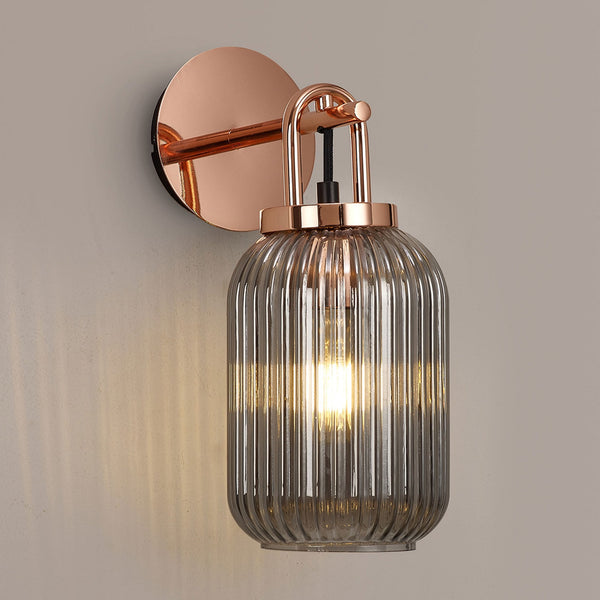 Atherington Wall Light in Copper with Smoked Ribbed Glass Shade