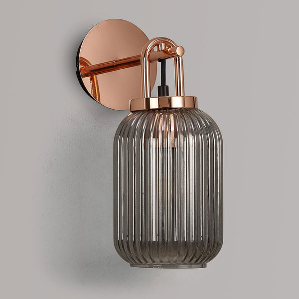 Atherington Wall Light in Copper with Smoked Ribbed Glass Shade