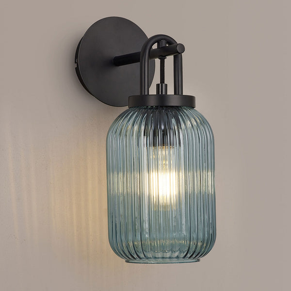 Atherington Wall Light in Matt Black with Petrol Blue Ribbed Glass Shade