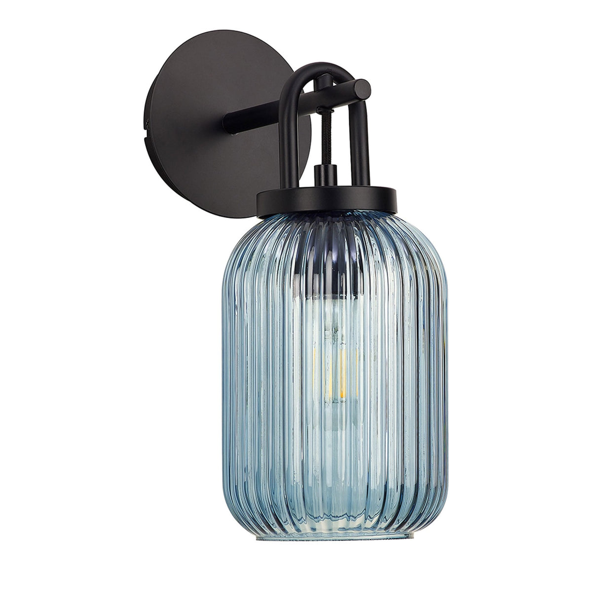 Atherington Wall Light in Matt Black with Petrol Blue Ribbed Glass Shade