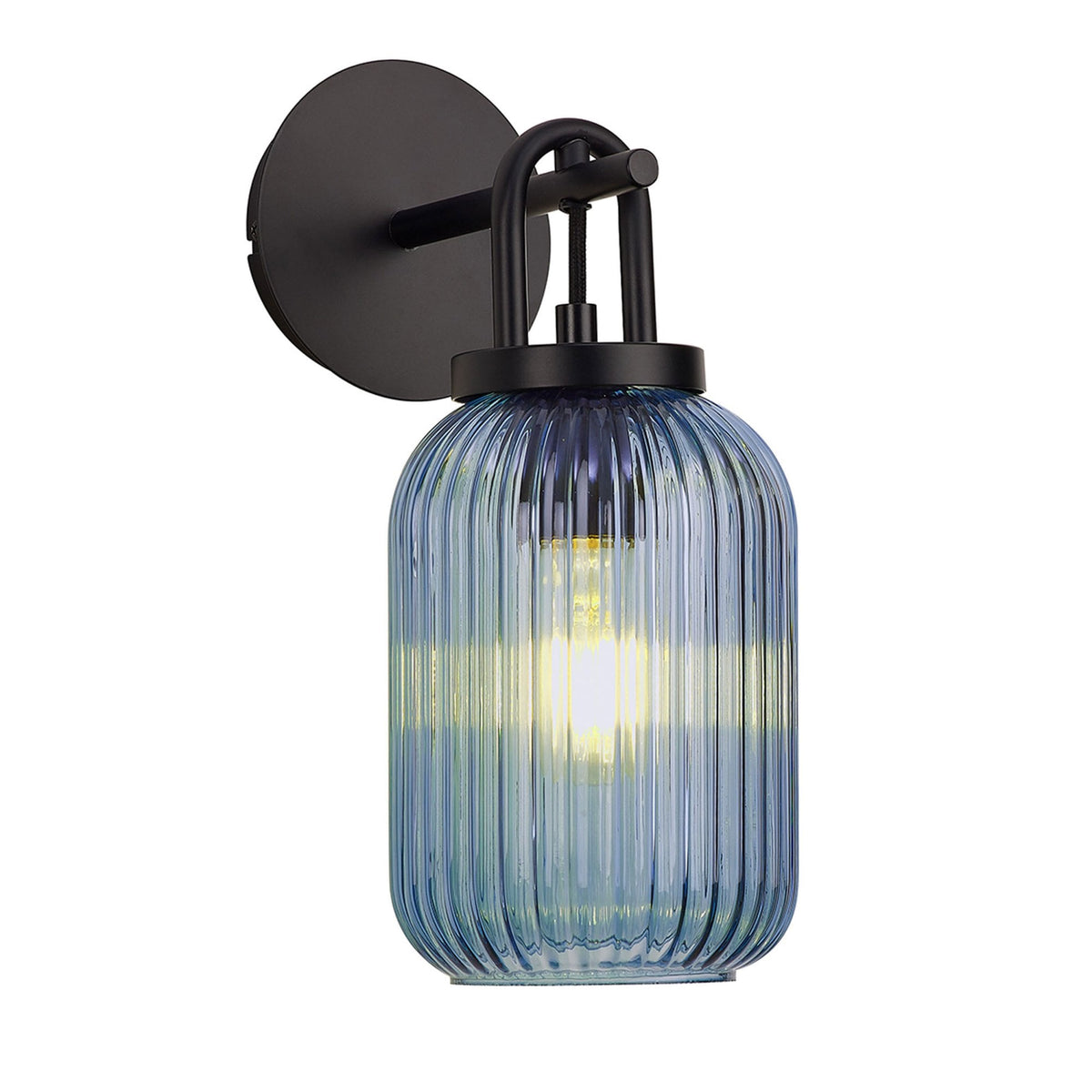 Atherington Wall Light in Matt Black with Petrol Blue Ribbed Glass Shade