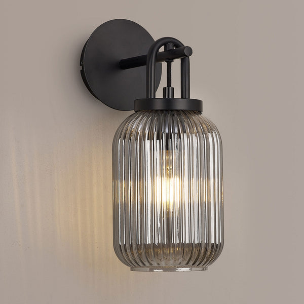 Atherington Wall Light in Matt Black with Smoked Ribbed Glass Shade