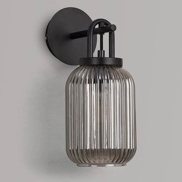 Atherington Wall Light in Matt Black with Smoked Ribbed Glass Shade