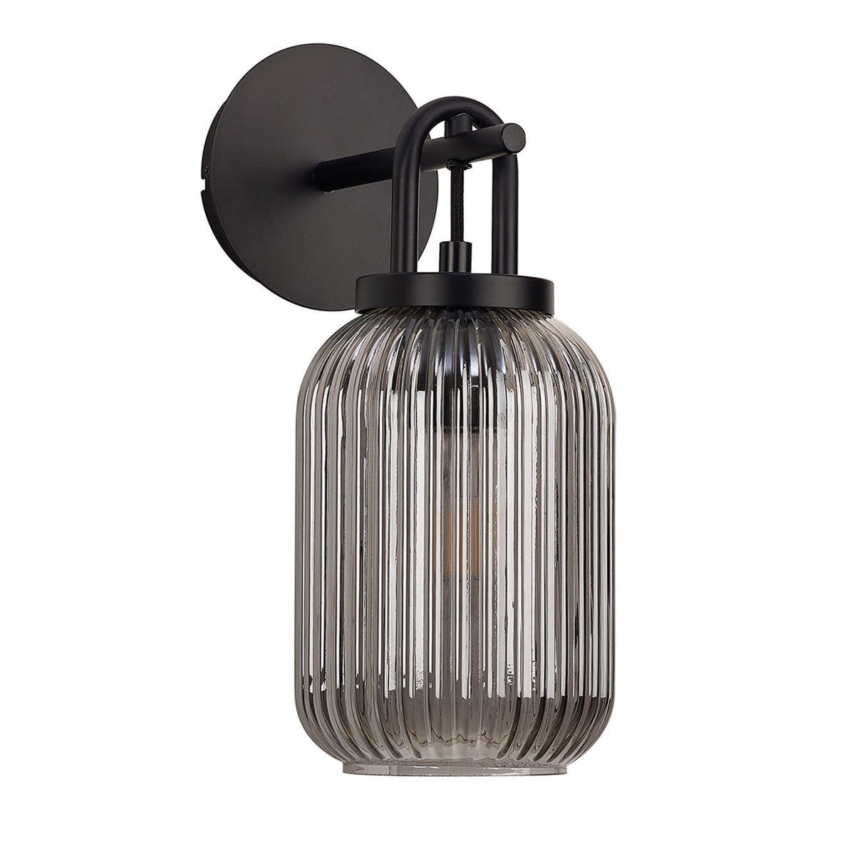 Atherington Wall Light in Matt Black with Smoked Ribbed Glass Shade