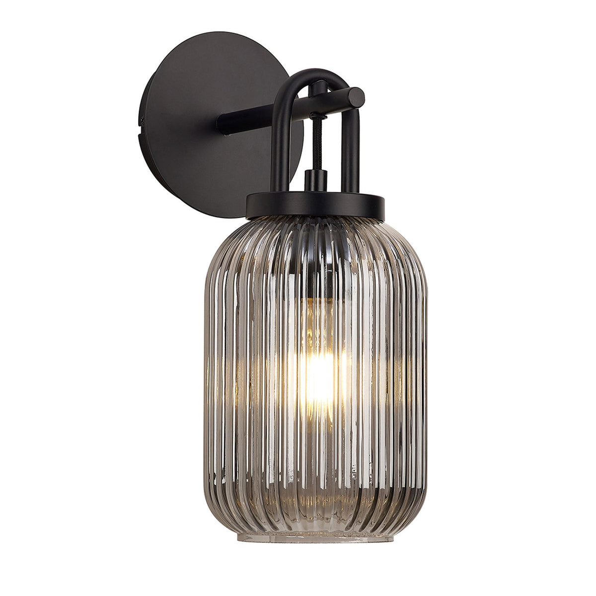 Atherington Wall Light in Matt Black with Smoked Ribbed Glass Shade