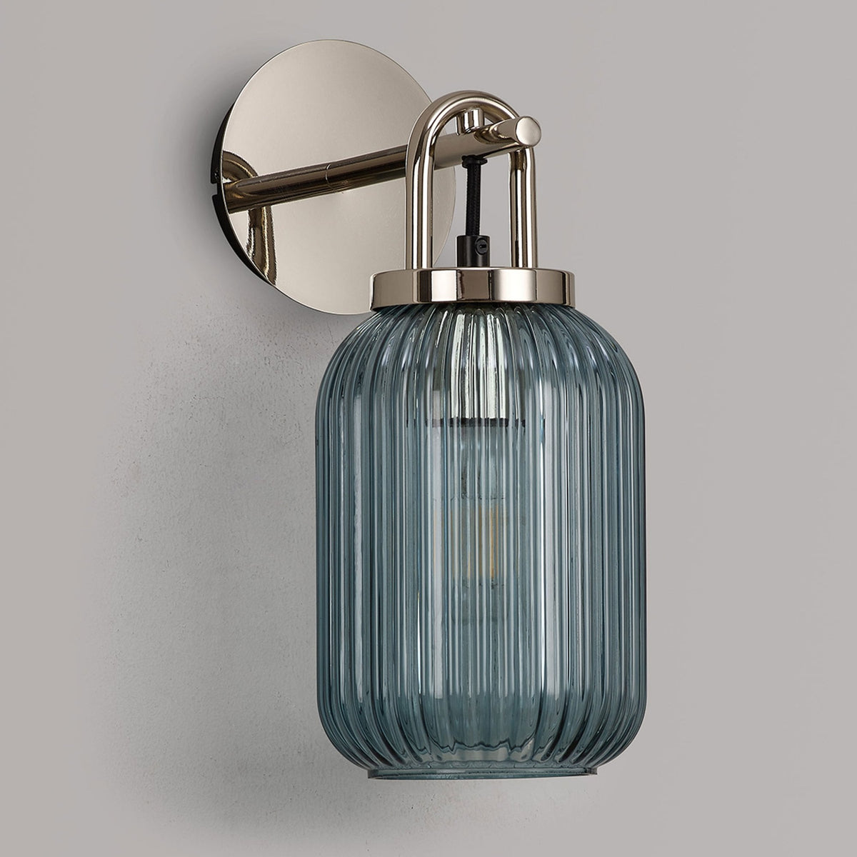 Atherington Wall Light in Polished Nickel with Petrol Blue Ribbed Glass Shade