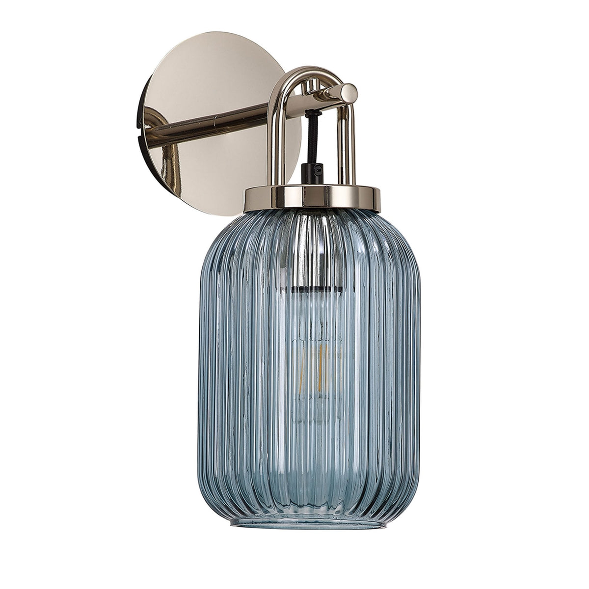 Atherington Wall Light in Polished Nickel with Petrol Blue Ribbed Glass Shade