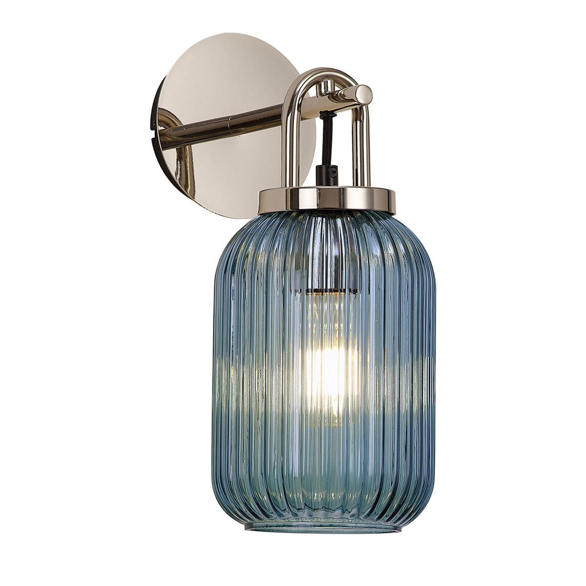 Atherington Wall Light in Polished Nickel with Petrol Blue Ribbed Glass Shade