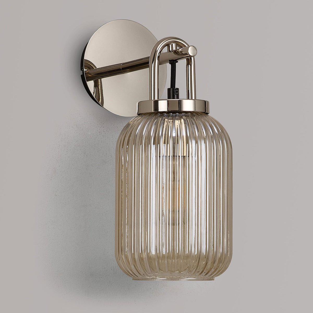 Atherington Wall Light in Polished Nickel with Champagne Ribbed Glass Shade