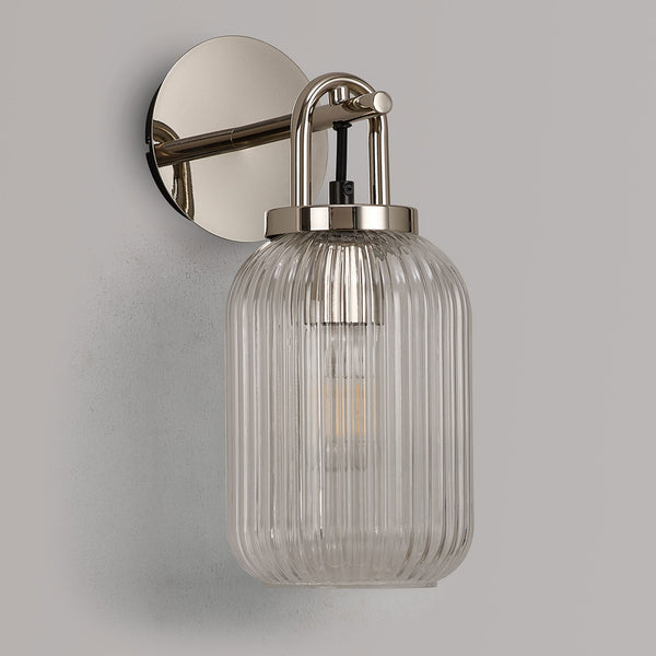 Atherington Wall Light in Polished Nickel with Clear Ribbed Glass Shade