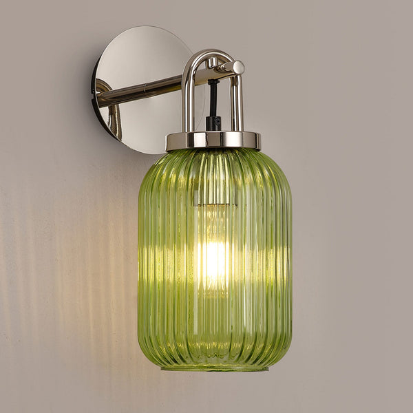 Atherington Wall Light in Polished Nickel with Green Ribbed Glass Shade