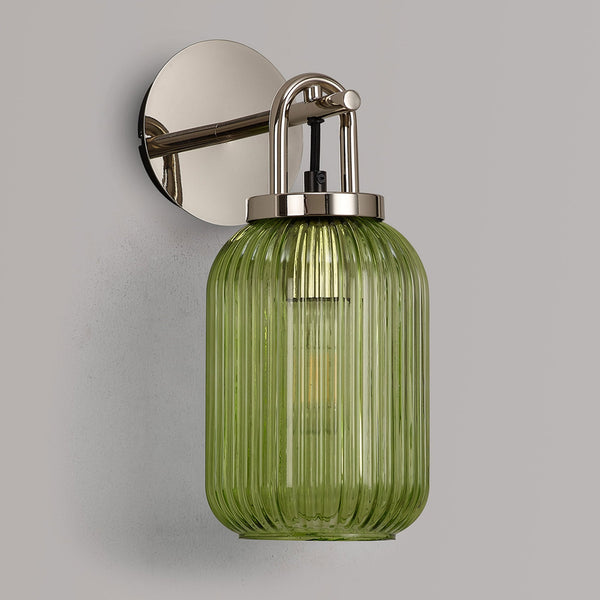 Atherington Wall Light in Polished Nickel with Green Ribbed Glass Shade