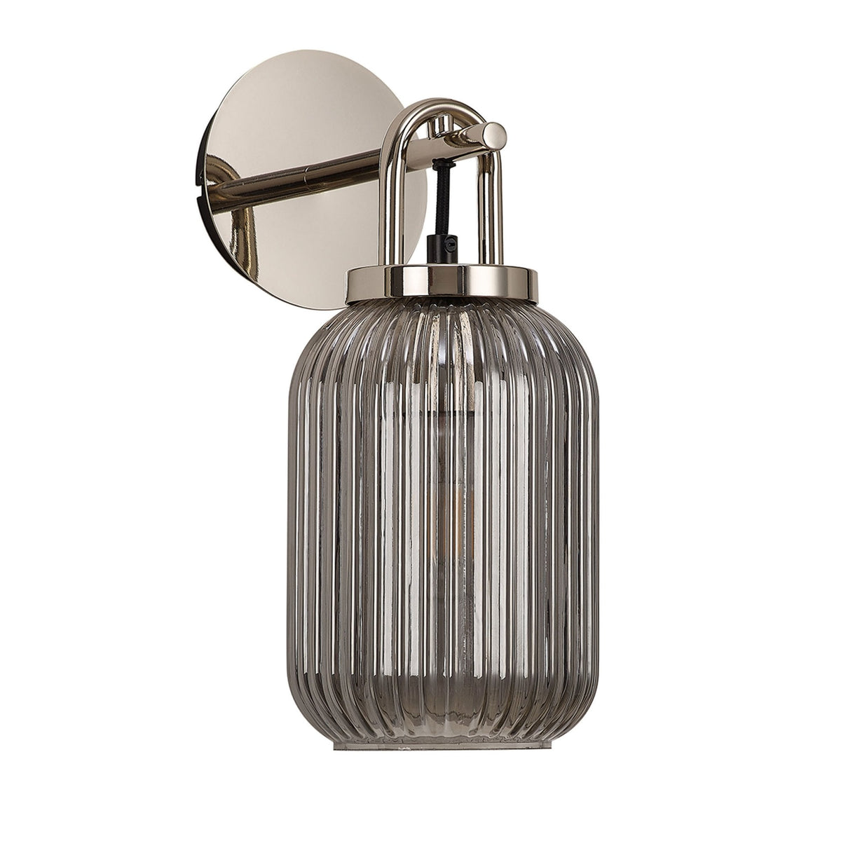 Atherington Wall Light in Polished Nickel with Smoked Ribbed Glass Shade